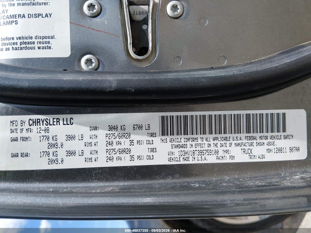 46037350 :رقم المزاد ، 1D3HV18T39S759100 vin ، 2009 Dodge Ram 1500 Slt/sport/trx مزاد بيع