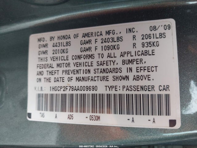 Продажа на аукционе авто 2010 Honda Accord 2.4 Ex, vin: 1HGCP2F79AA009690, номер лота: 46037362