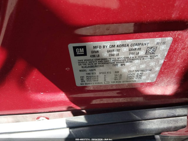 2018 Buick Encore Preferred მანქანა იყიდება აუქციონზე, vin: KL4CJASB0JB633595, აუქციონის ნომერი: 46037374
