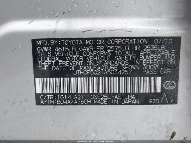 46037387 :رقم المزاد ، JTHCF5C21A5044257 vin ، 2010 Lexus Is 250 مزاد بيع
