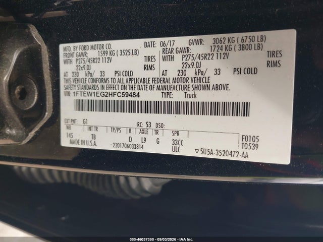 Aukcja sprzedaży 2017 Ford F-150 Limited, vin: 1FTEW1EG2HFC59484, numer aukcji: 46037390