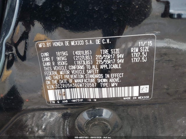46037401 :رقم المزاد ، 3CZRU5H36GM720587 vin ، 2016 Honda Hr-v Lx مزاد بيع