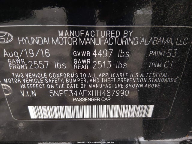 2017 Hyundai Sonata Sport მანქანა იყიდება აუქციონზე, vin: 5NPE34AFXHH487990, აუქციონის ნომერი: 46037408
