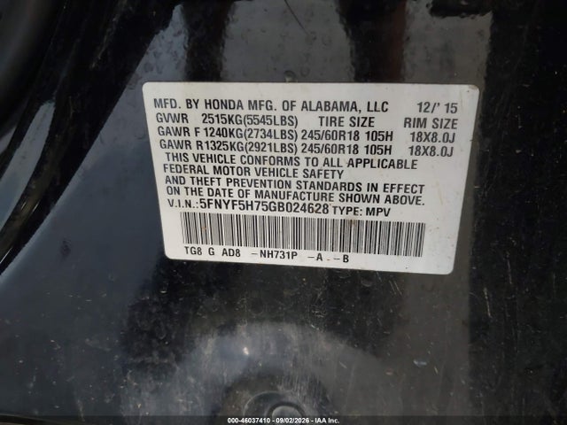 Aukcja sprzedaży 2016 Honda Pilot Ex-l, vin: 5FNYF5H75GB024628, numer aukcji: 46037410