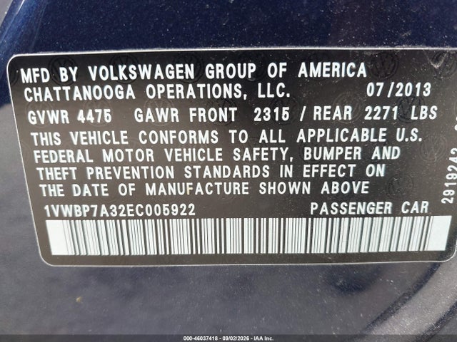 2014 Volkswagen Passat 2.5l Se მანქანა იყიდება აუქციონზე, vin: 1VWBP7A32EC005922, აუქციონის ნომერი: 46037418