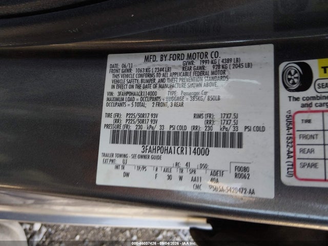 2012 Ford Fusion Se მანქანა იყიდება აუქციონზე, vin: 3FAHP0HA1CR114000, აუქციონის ნომერი: 46037426