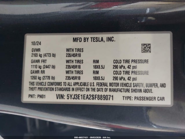 Aukcja sprzedaży 2025 Tesla Model 3 Long Range Rear-wheel Drive/standard Rear-wheel Drive, vin: 5YJ3E1EA2SF889071, numer aukcji: 46037431