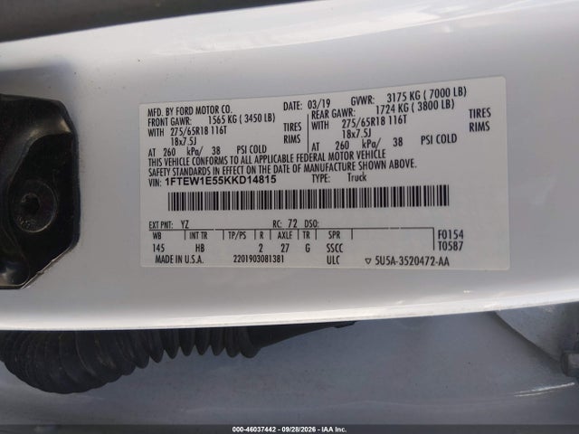 46037442 :رقم المزاد ، 1FTEW1E55KKD14815 vin ، 2019 Ford F-150 Lariat مزاد بيع
