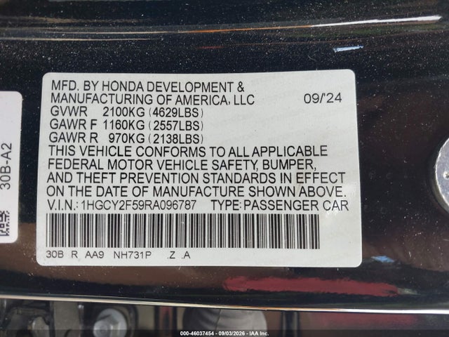 Aukcja sprzedaży 2024 Honda Accord Hybrid Sport, vin: 1HGCY2F59RA096787, numer aukcji: 46037454