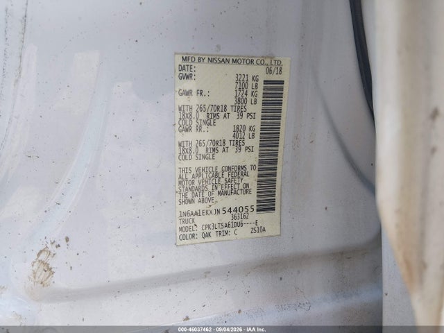 Aukcja sprzedaży 2018 Nissan Titan Sv, vin: 1N6AA1EKXJN544055, numer aukcji: 46037462