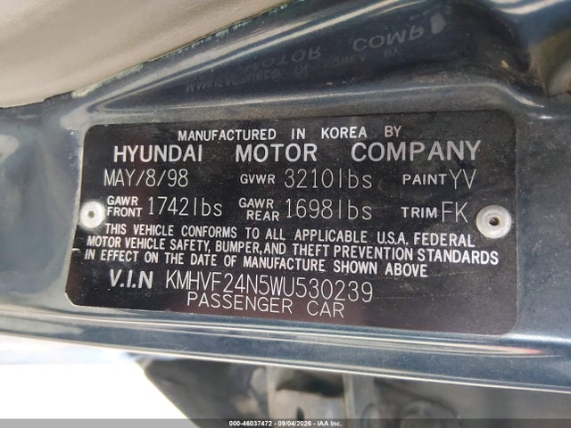 46037472 :رقم المزاد ، KMHVF24N5WU530239 vin ، 1998 Hyundai Accent Gl مزاد بيع