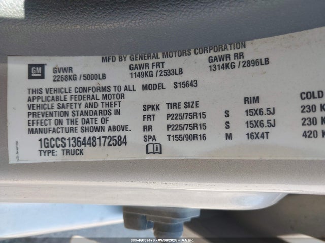 46037479 :رقم المزاد ، 1GCCS136448172584 vin ، 2004 Chevrolet Colorado Ls مزاد بيع