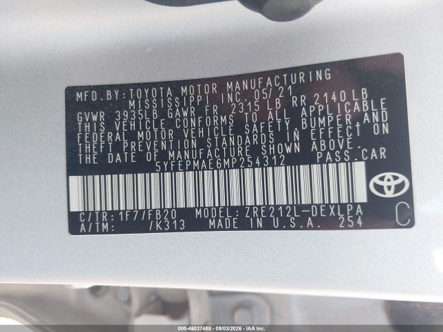 46037488 :رقم المزاد ، 5YFEPMAE6MP254312 vin ، 2021 Toyota Corolla Le مزاد بيع