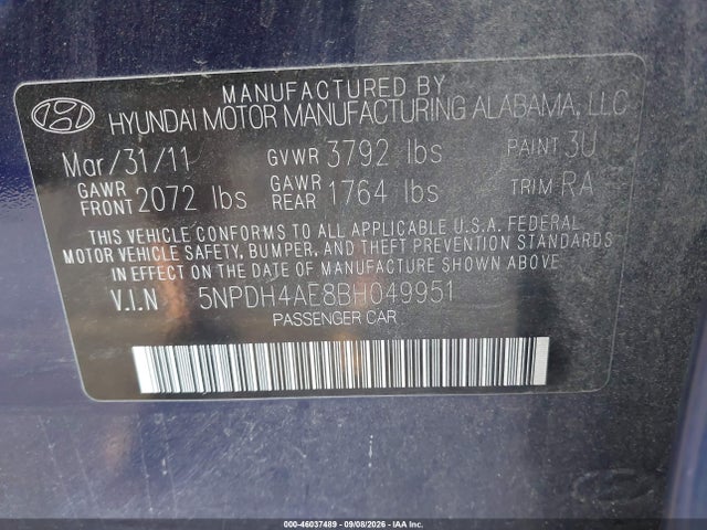 Aukcja sprzedaży 2011 Hyundai Elantra Limited, vin: 5NPDH4AE8BH049951, numer aukcji: 46037489
