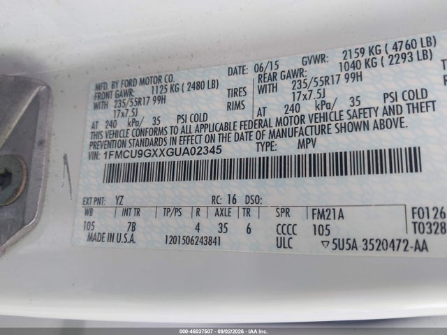 Aukcja sprzedaży 2016 Ford Escape Se, vin: 1FMCU9GXXGUA02345, numer aukcji: 46037507