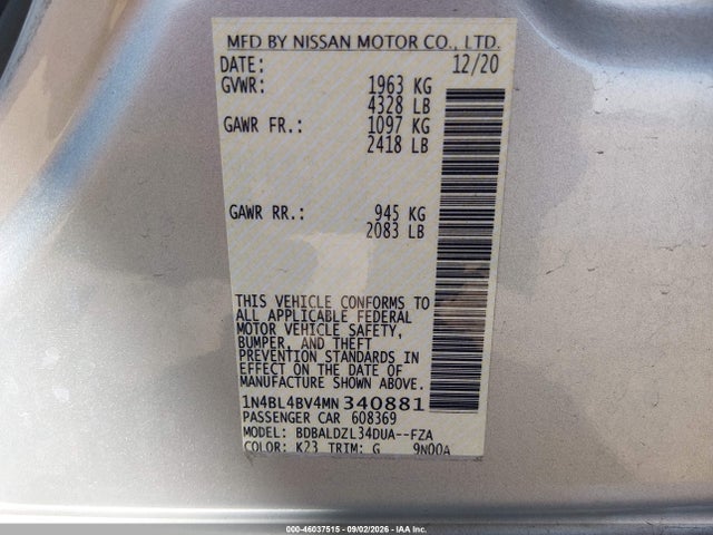 46037515 :رقم المزاد ، 1N4BL4BV4MN340881 vin ، 2021 Nissan Altima S Fwd مزاد بيع
