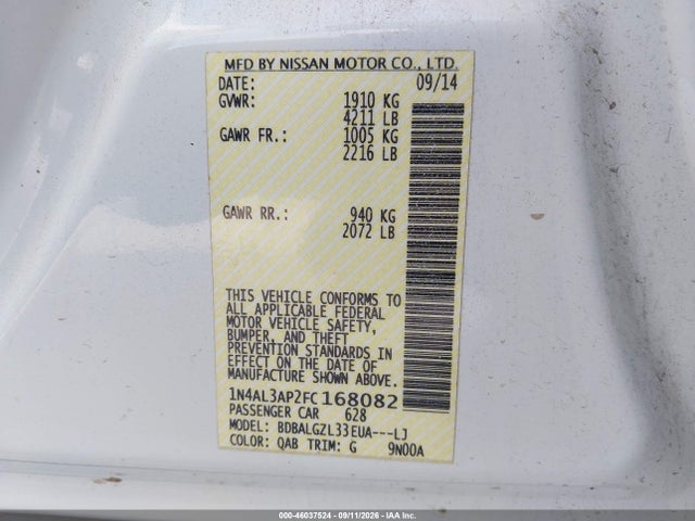 46037524 :رقم المزاد ، 1N4AL3AP2FC168082 vin ، 2015 Nissan Altima 2.5 S مزاد بيع