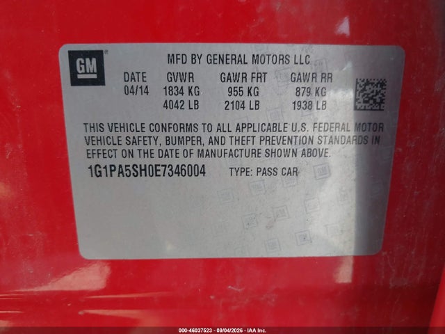 2014 Chevrolet Cruze Ls Auto მანქანა იყიდება აუქციონზე, vin: 1G1PA5SH0E7346004, აუქციონის ნომერი: 46037523