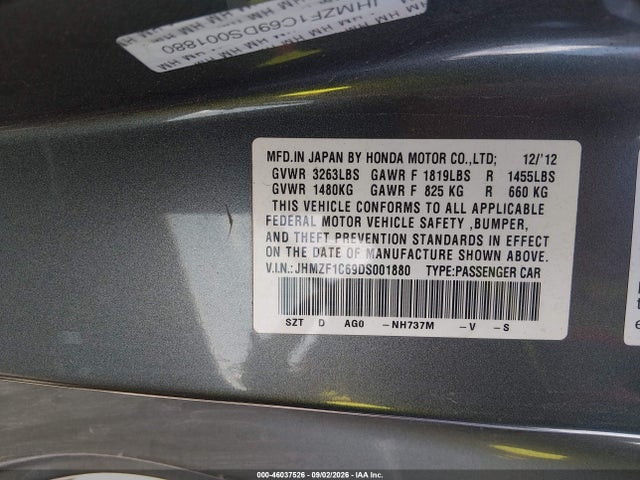 Продаж на аукціоні авто 2013 Honda Cr-z Ex, vin: JHMZF1C69DS001880, номер лоту: 46037526
