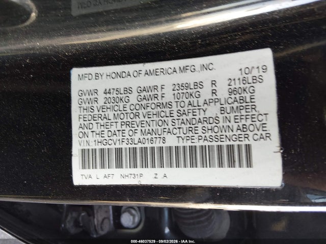 2020 Honda Accord Sport მანქანა იყიდება აუქციონზე, vin: 1HGCV1F33LA016778, აუქციონის ნომერი: 46037529