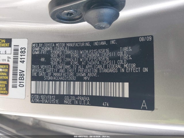 2010 Toyota Sienna Ce მანქანა იყიდება აუქციონზე, vin: 5TDKK4CC4AS312692, აუქციონის ნომერი: 46037533