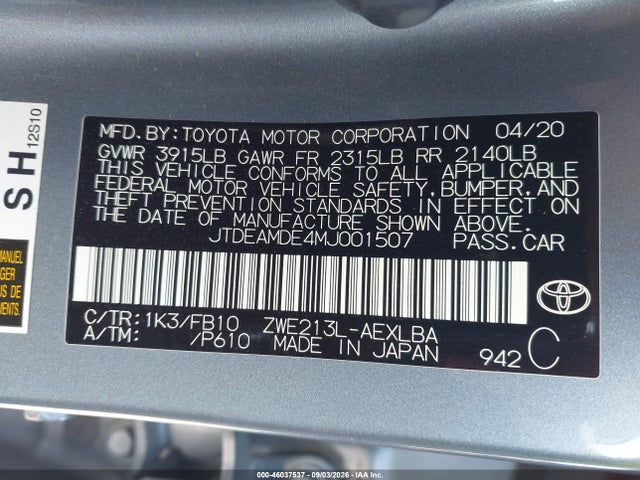 2021 Toyota Corolla Hybrid Le მანქანა იყიდება აუქციონზე, vin: JTDEAMDE4MJ001507, აუქციონის ნომერი: 46037537