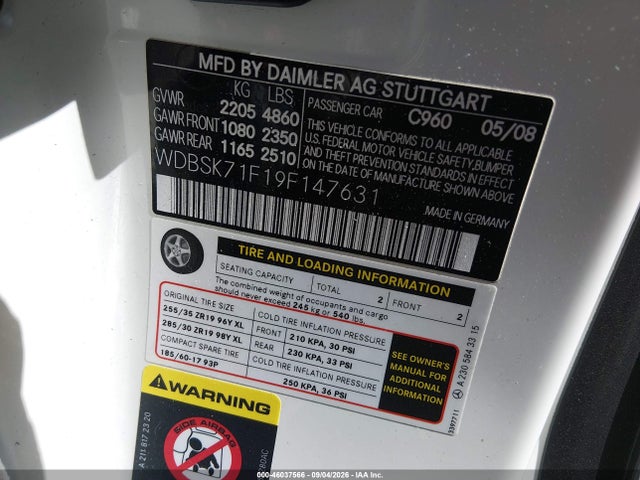 Aukcja sprzedaży 2009 Mercedes-benz Sl 550, vin: WDBSK71F19F147631, numer aukcji: 46037566
