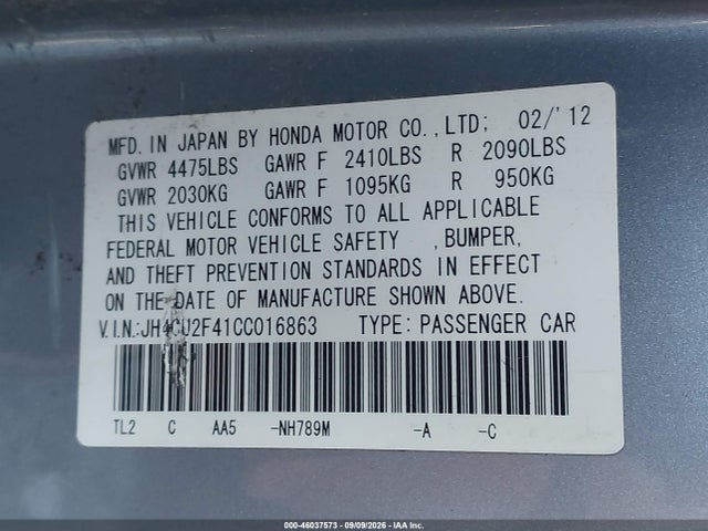 Aukcja sprzedaży 2012 Acura Tsx 2.4, vin: JH4CU2F41CC016863, numer aukcji: 46037573