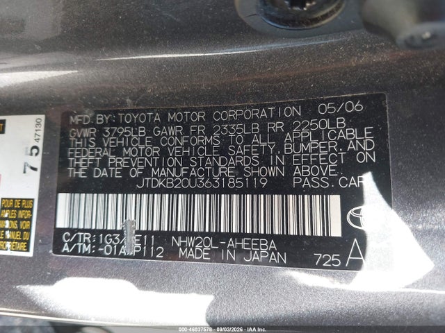 Aukcja sprzedaży 2006 Toyota Prius, vin: JTDKB20U363185119, numer aukcji: 46037578