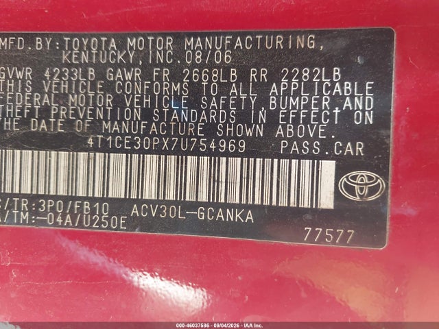 Продажа на аукционе авто 2007 Toyota Camry Solara Se, vin: 4T1CE30PX7U754969, номер лота: 46037586