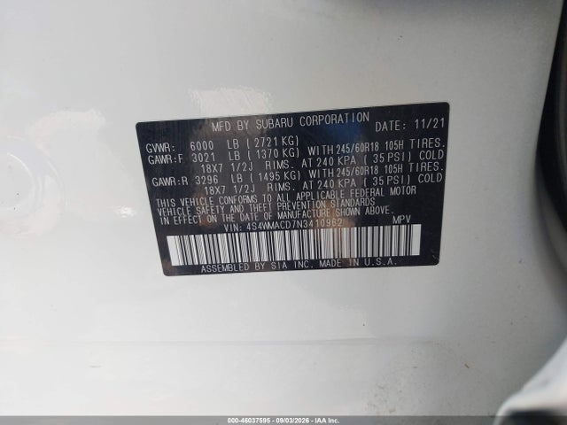 Продажа на аукционе авто 2022 Subaru Ascent Premium, vin: 4S4WMACD7N3410962, номер лота: 46037595