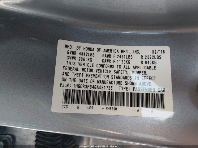 1HGCR3F94GA021725 Honda Accord Touring
