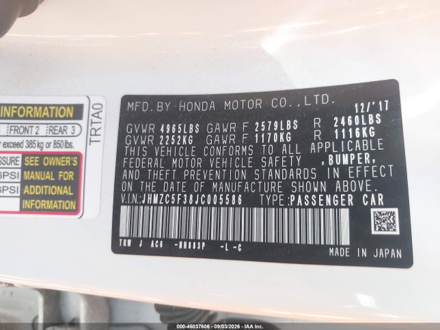 46037606 :رقم المزاد ، JHMZC5F38JC005586 vin ، 2018 Honda Clarity Plug-in Hybrid Touring مزاد بيع