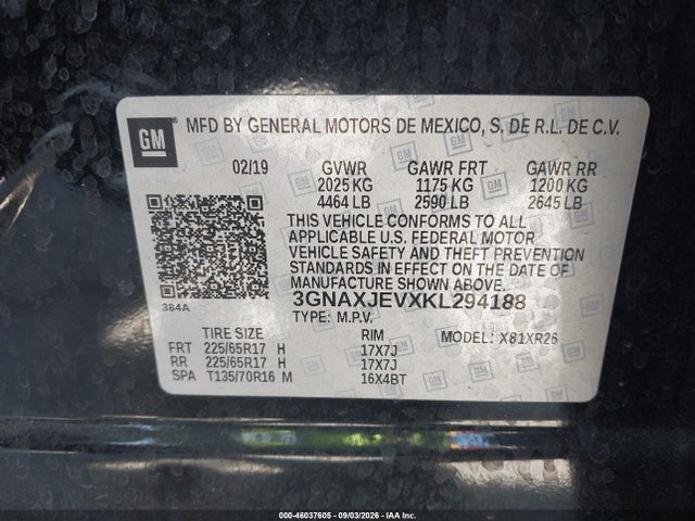 46037605 :رقم المزاد ، 3GNAXJEVXKL294188 vin ، 2019 Chevrolet Equinox Lt مزاد بيع
