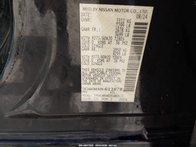 2014 Nissan Armada Platinum მანქანა იყიდება აუქციონზე, vin: 5N1AA0NE4EN613878, აუქციონის ნომერი: 46037608