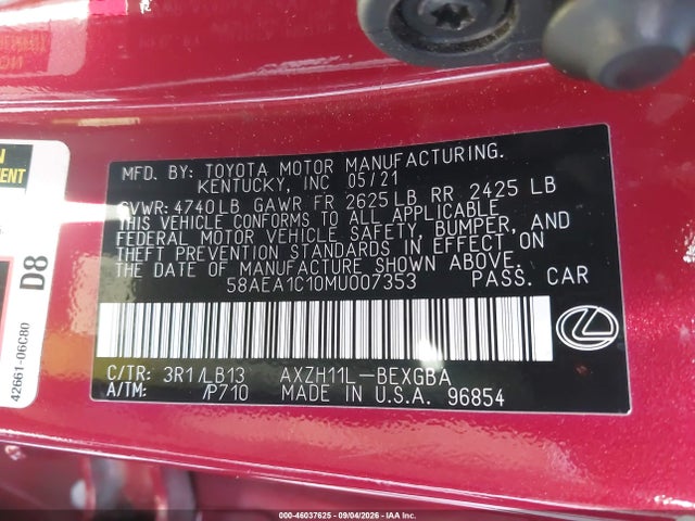 46037625 :رقم المزاد ، 58AEA1C10MU007353 vin ، 2021 Lexus Es 300h Luxury مزاد بيع
