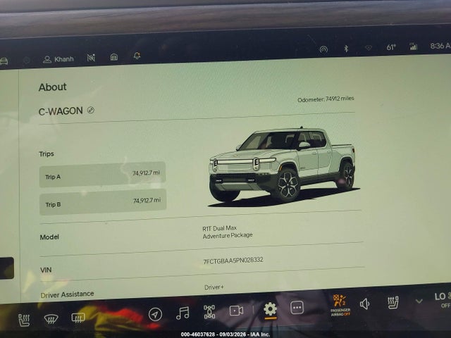 Продажа на аукционе авто 2023 Rivian R1t Adventure/adventure Dual Motor Large Pack/adventure Dual Motor Max Pack, vin: 7FCTGBAA5PN028332, номер лота: 46037628