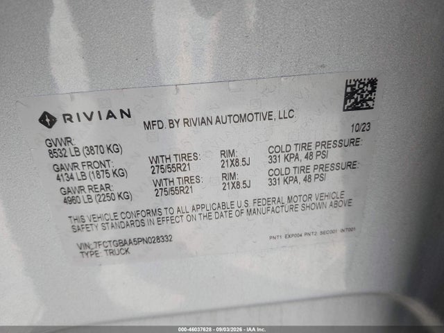 Продажа на аукционе авто 2023 Rivian R1t Adventure/adventure Dual Motor Large Pack/adventure Dual Motor Max Pack, vin: 7FCTGBAA5PN028332, номер лота: 46037628