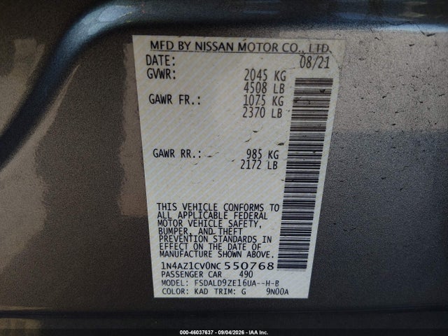 46037637 :رقم المزاد ، 1N4AZ1CV0NC550768 vin ، 2022 Nissan Leaf Sv 40 Kwh مزاد بيع