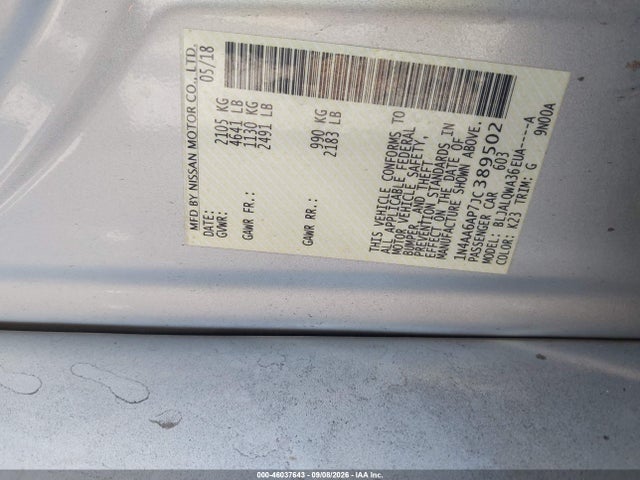 46037643 :رقم المزاد ، 1N4AA6AP7JC389502 vin ، 2018 Nissan Maxima 3.5 S مزاد بيع
