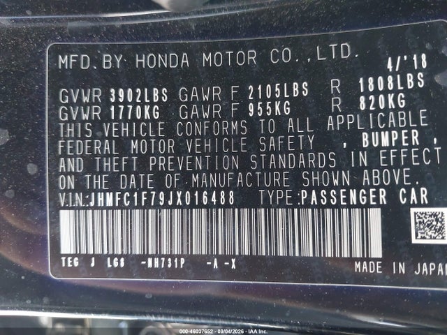 Aukcja sprzedaży 2018 Honda Civic Ex-l, vin: JHMFC1F79JX016488, numer aukcji: 46037652
