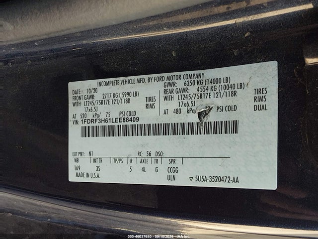 46037680 :رقم المزاد ، 1FDRF3H61LEE88409 vin ، 2020 Ford F-350 Chassis Xlt مزاد بيع