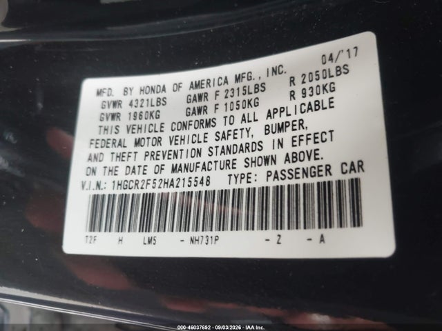 Продаж на аукціоні авто 2017 Honda Accord Sport, vin: 1HGCR2F52HA215548, номер лоту: 46037692