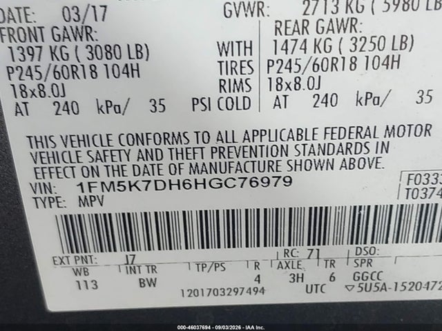 1FM5K7DH6HGC76979 Ford EXPLORER XLT