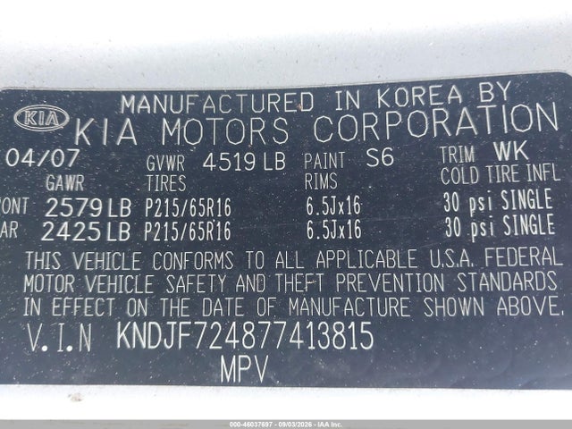 Aukcja sprzedaży 2007 Kia Sportage Lx, vin: KNDJF724877413815, numer aukcji: 46037697