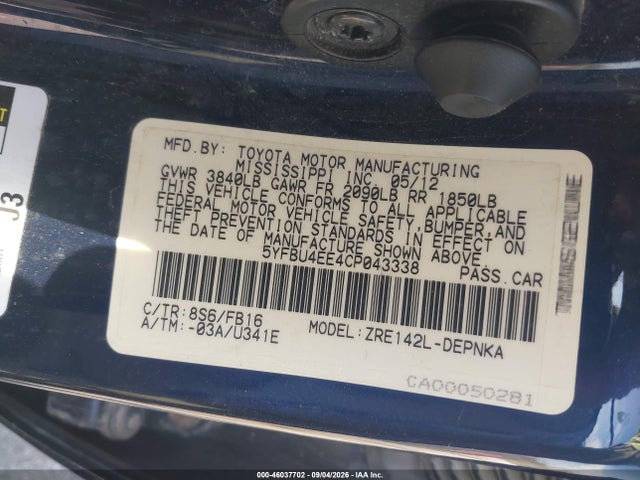 Продажа на аукционе авто 2012 Toyota Corolla Le, vin: 5YFBU4EE4CP043338, номер лота: 46037702