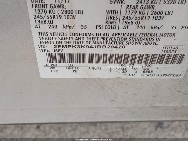 Продаж на аукціоні авто 2018 Ford Edge Titanium, vin: 2FMPK3K94JBB20420, номер лоту: 46037707