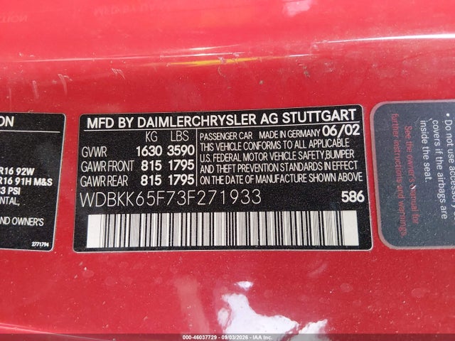 Продаж на аукціоні авто 2003 Mercedes-benz Slk 320, vin: WDBKK65F73F271933, номер лоту: 46037729