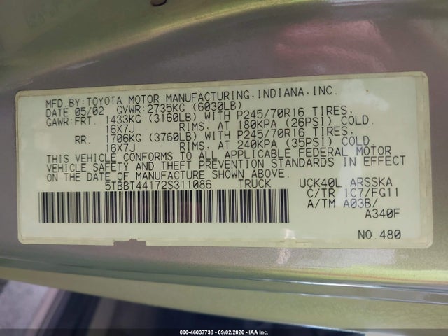 2002 Toyota Tundra Sr5 V8 მანქანა იყიდება აუქციონზე, vin: 5TBBT44172S311086, აუქციონის ნომერი: 46037738