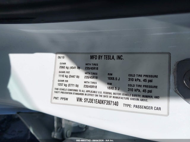 Aukcja sprzedaży 2019 Tesla Model 3 Long Range/mid Range/standard Range/standard Range Plus, vin: 5YJ3E1EA0KF397140, numer aukcji: 46037742